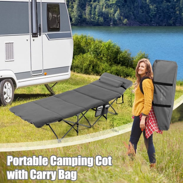 Folding Travel Camping Cot With Removable Mattress & Pillow Grey Image 4