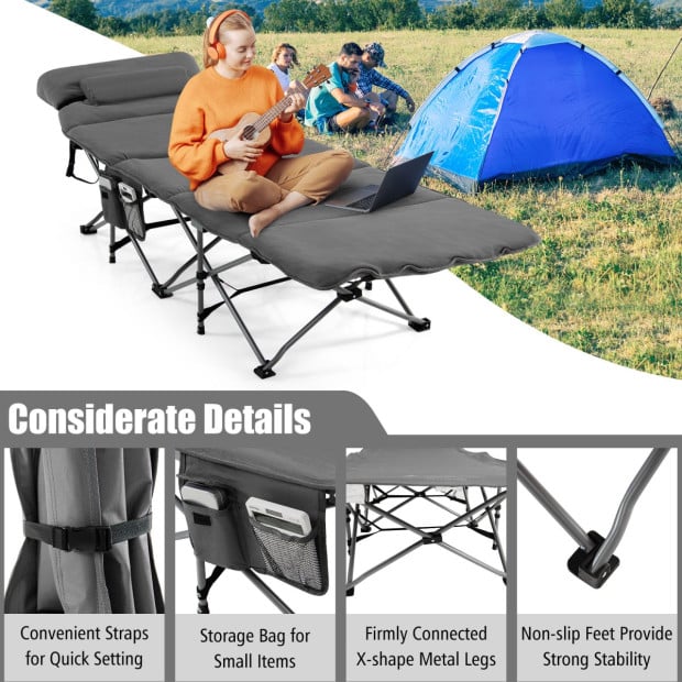Folding Travel Camping Cot With Removable Mattress & Pillow Grey Image 8
