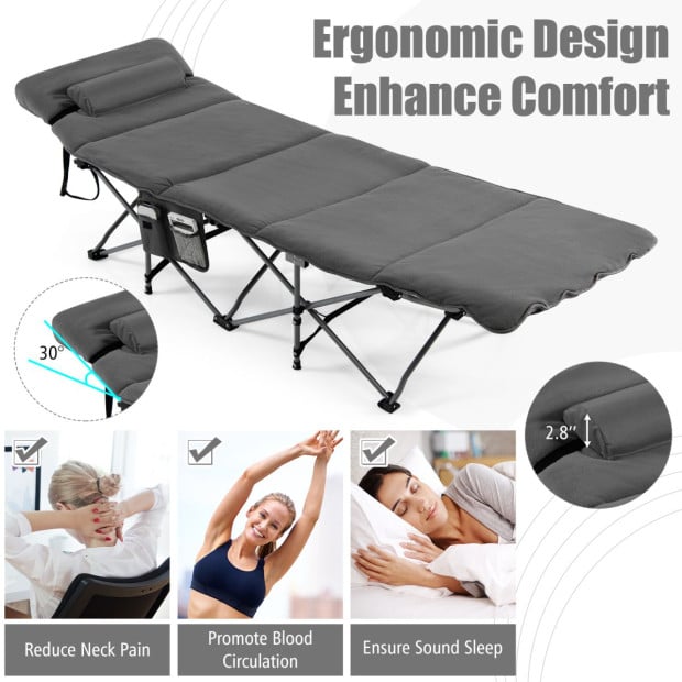 Folding Travel Camping Cot With Removable Mattress & Pillow Grey Image 9