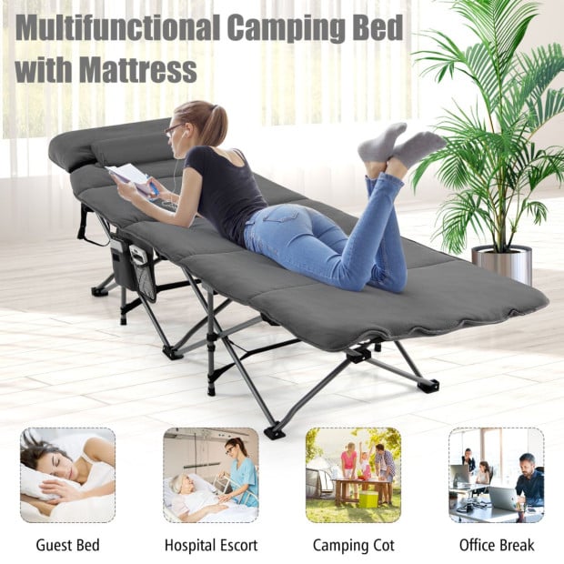 Folding Travel Camping Cot With Removable Mattress & Pillow Grey Image 10