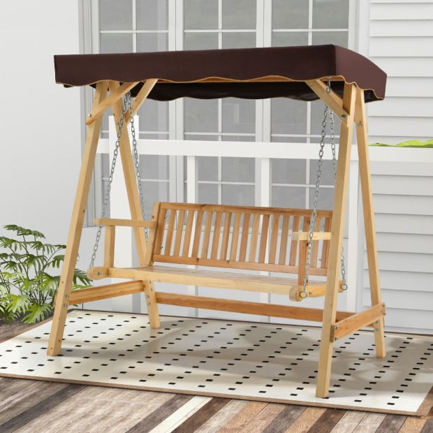 2-person Wooden Swing Chair With Canopy & Armrests - Brown Image 6