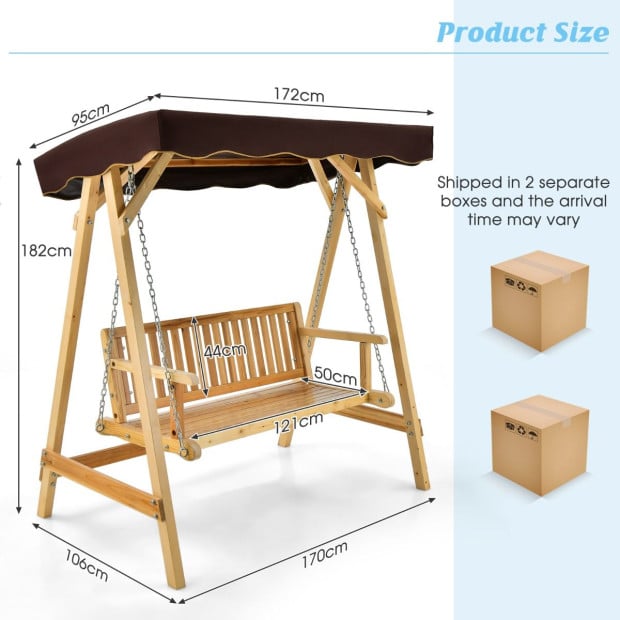 2-person Wooden Swing Chair With Canopy & Armrests - Brown Image 4