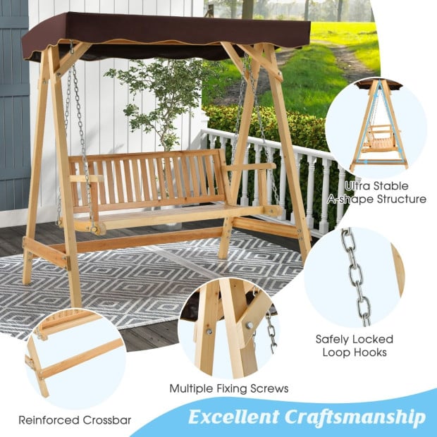 2-person Wooden Swing Chair With Canopy & Armrests - Brown Image 3