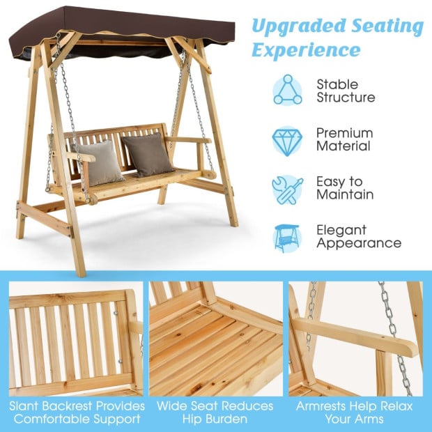 2-person Wooden Swing Chair With Canopy & Armrests - Brown Image 5