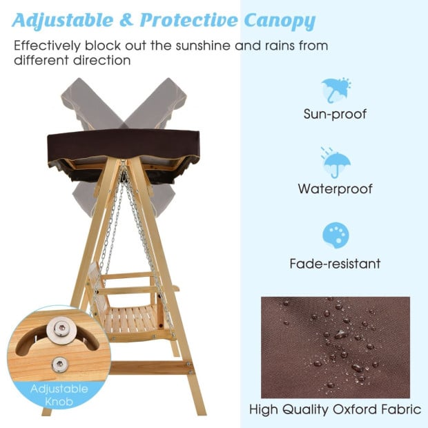 2-person Wooden Swing Chair With Canopy & Armrests - Brown Image 7