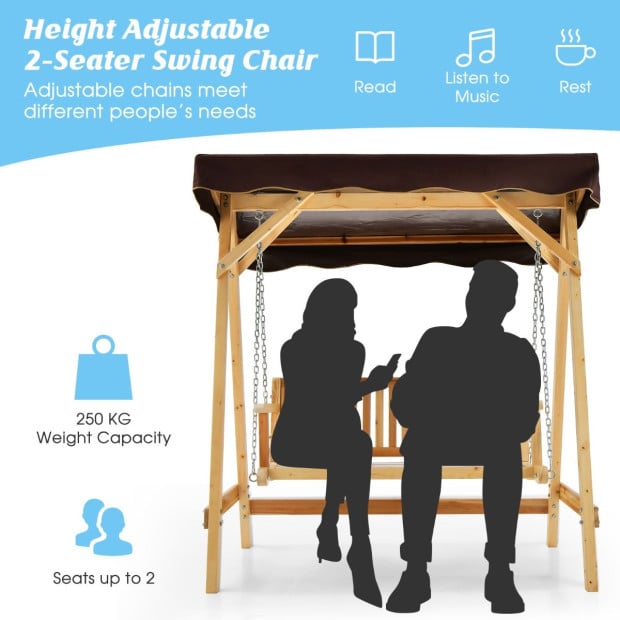 2-person Wooden Swing Chair With Canopy & Armrests - Brown Image 9