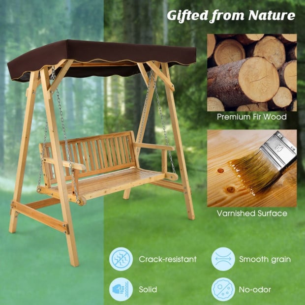 2-person Wooden Swing Chair With Canopy & Armrests - Brown Image 8