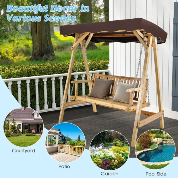 2-person Wooden Swing Chair With Canopy & Armrests - Brown Image 10