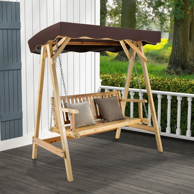 2-person Wooden Swing Chair With Canopy & Armrests - Brown Image 2
