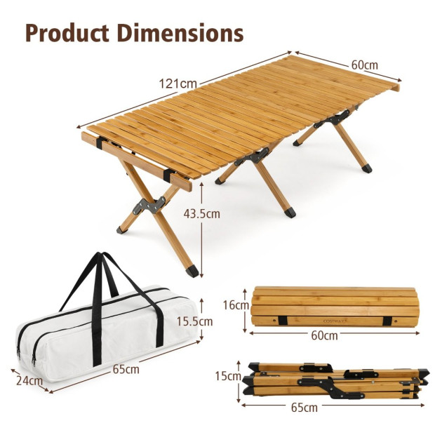 Folding Bamboo Camping Table With Carry Bag Natural