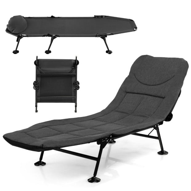 Folding Camping Cot With Mattress Adjustable Backrest Grey