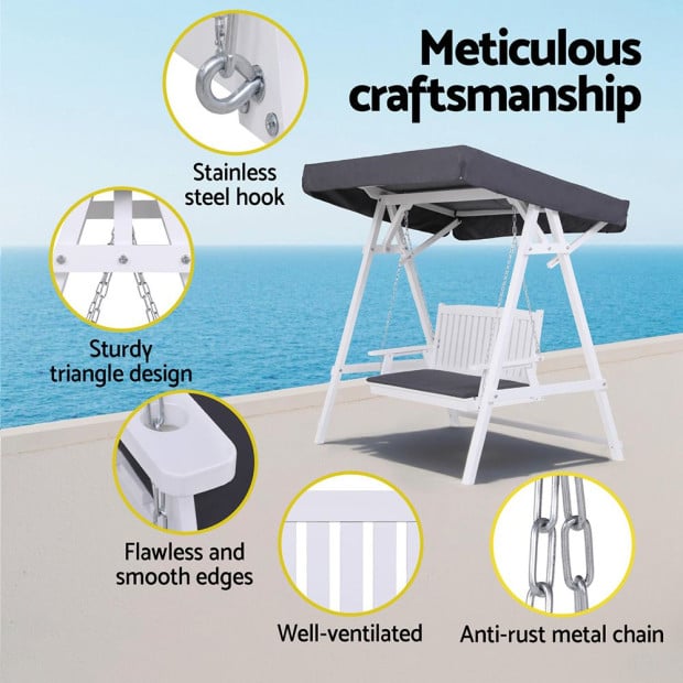 Outdoor Wooden Swing Chair Garden Bench Canopy Cushion 3 Seater White Image 5