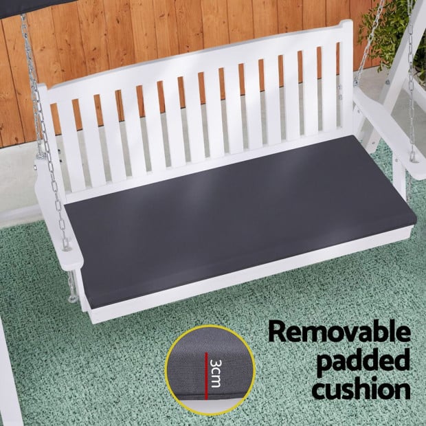 Outdoor Wooden Swing Chair Garden Bench Canopy Cushion 3 Seater White Image 6