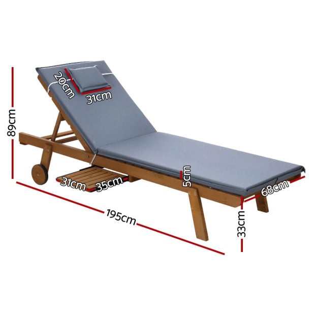 Sun Lounge Wooden Lounger Outdoor Furniture Day Bed Wheel Patio Grey Image 2