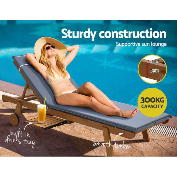 Sun Lounge Wooden Lounger Outdoor Furniture Day Bed Wheel Patio Grey Image 5