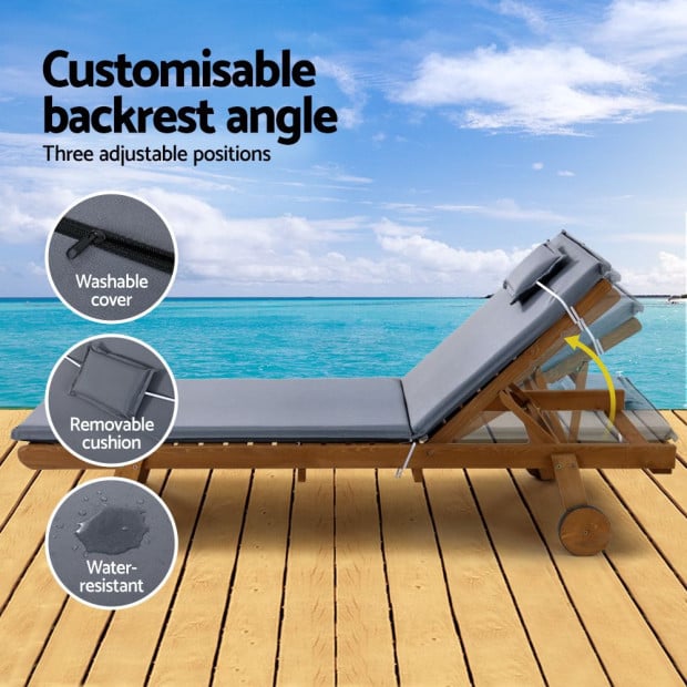 Sun Lounge Wooden Lounger Outdoor Furniture Day Bed Wheel Patio Grey Image 6
