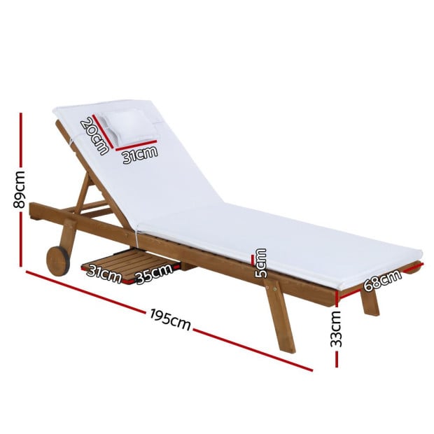 Sun Lounge Wooden Lounger Outdoor Furniture Day Bed Wheel Patio White Image 2