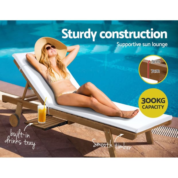 Sun Lounge Wooden Lounger Outdoor Furniture Day Bed Wheel Patio White Image 5