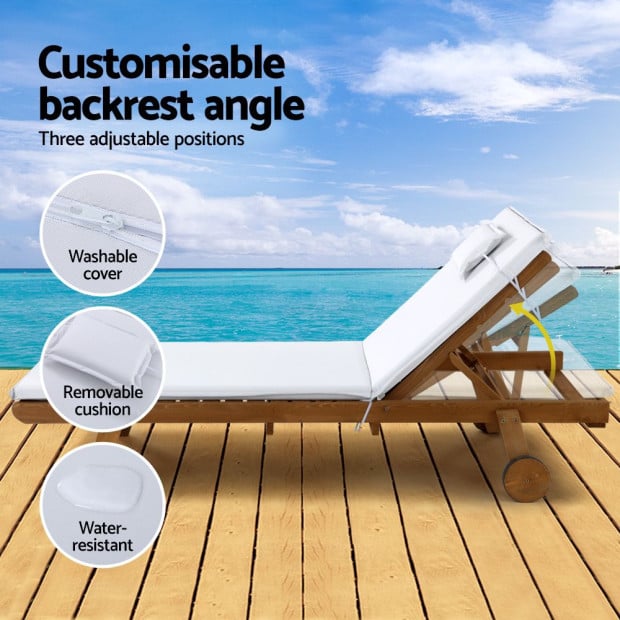2pc Sun Lounge Wooden Lounger Outdoor Furniture Day Bed Patio White Image 6