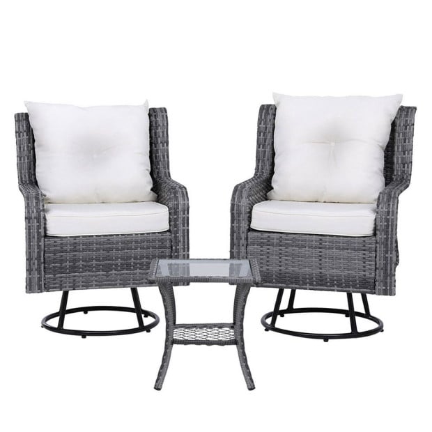 3pc Outdoor Furniture Bistro Set Lounge Wicker Swivel Chairs Table Cushion Grey Image 2