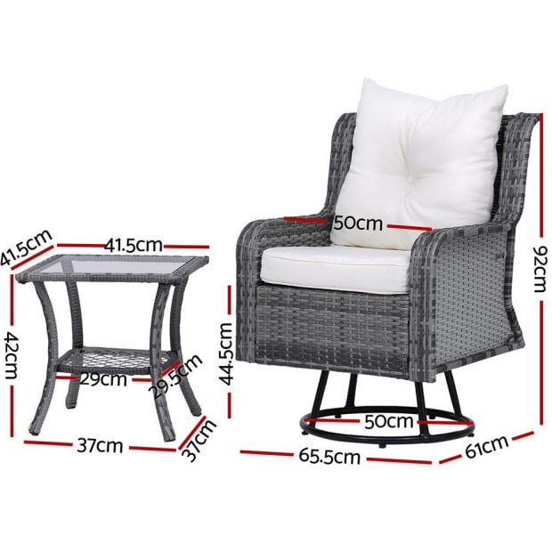 3pc Outdoor Furniture Bistro Set Lounge Wicker Swivel Chairs Table Cushion Grey Image 3