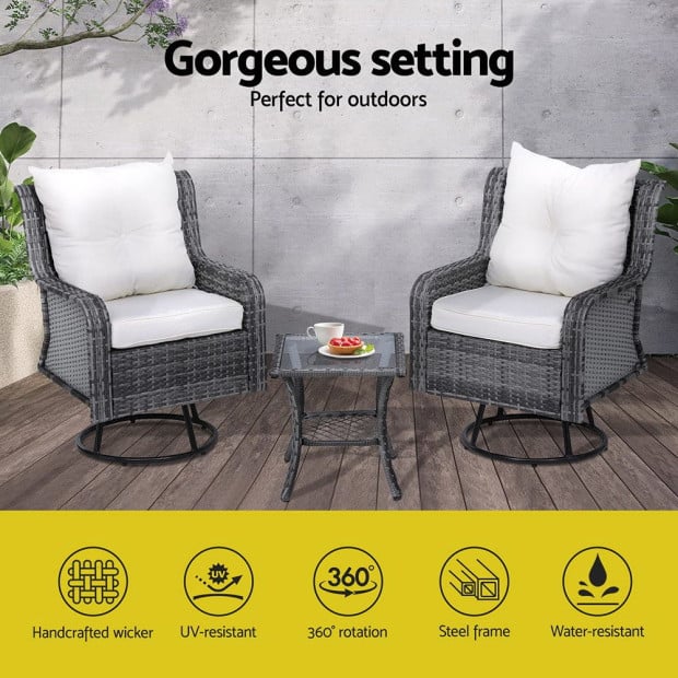 3pc Outdoor Furniture Bistro Set Lounge Wicker Swivel Chairs Table Cushion Grey Image 4