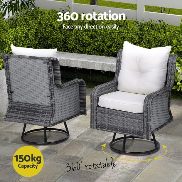 3pc Outdoor Furniture Bistro Set Lounge Wicker Swivel Chairs Table Cushion Grey Image 5