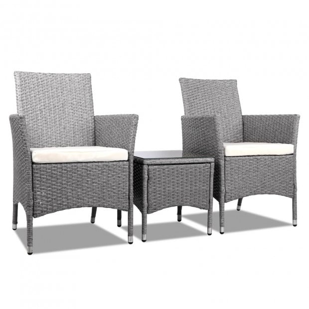 3 Piece Wicker Outdoor Chair Side Table Furniture Set - Grey