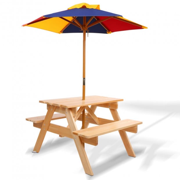 Kids Wooden Picnic Table Set with Umbrella - Natural