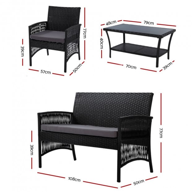 Outdoor Furniture Rattan Set Wicker Cushion 4pc Black Image 2