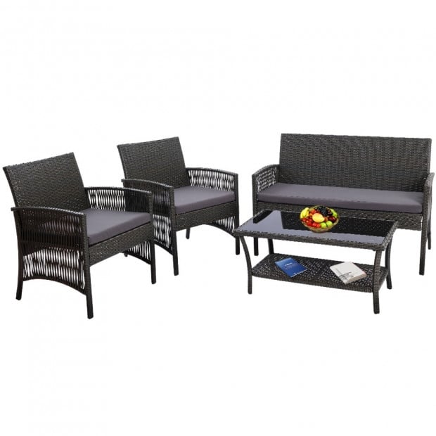 Outdoor Furniture Rattan Set Wicker Cushion 4pc Dark Grey