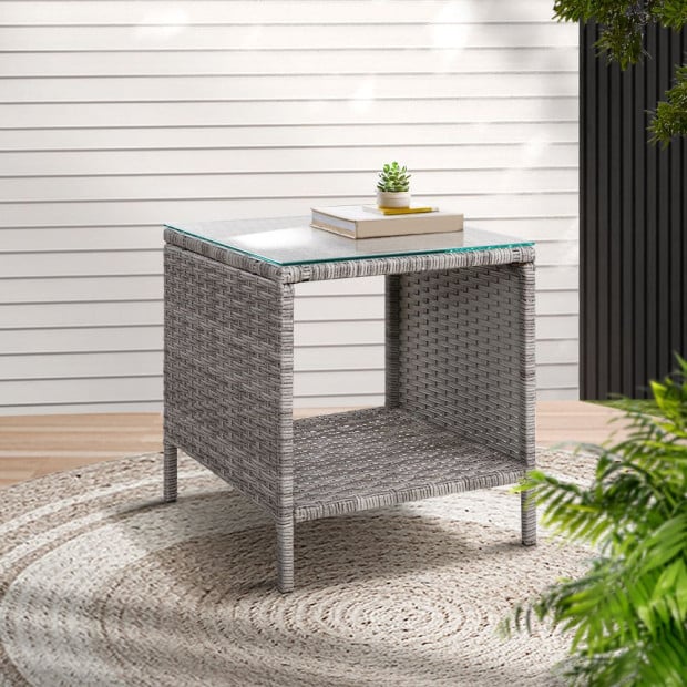 Side Table Coffee Patio Outdoor Furniture Rattan Desk Garden Grey Image 8