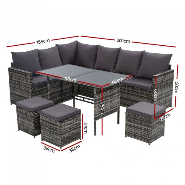 Outdoor Furniture Dining Sofa Set Lounge Wicker 9 Seater Mixed Grey Image 2