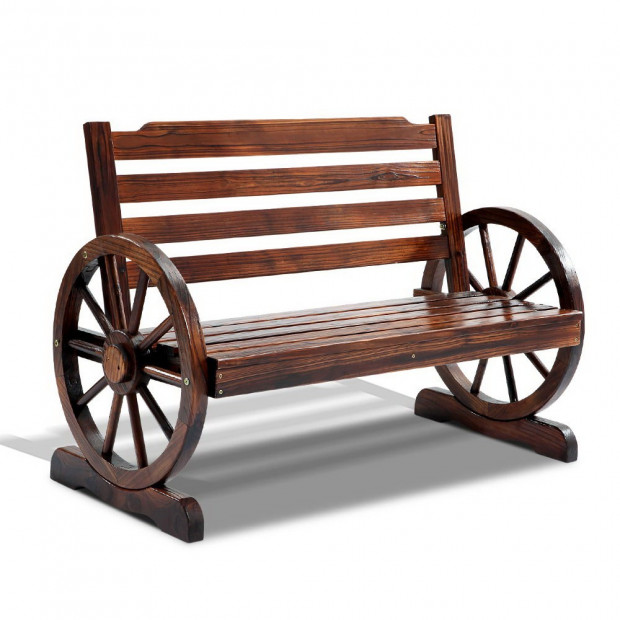 Wooden Wagon Wheel Outdoor Garden Bench Seat - Brown