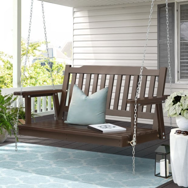 Porch Swing Chair Chain Garden Bench Outdoor Furniture Wooden Brown Image 2