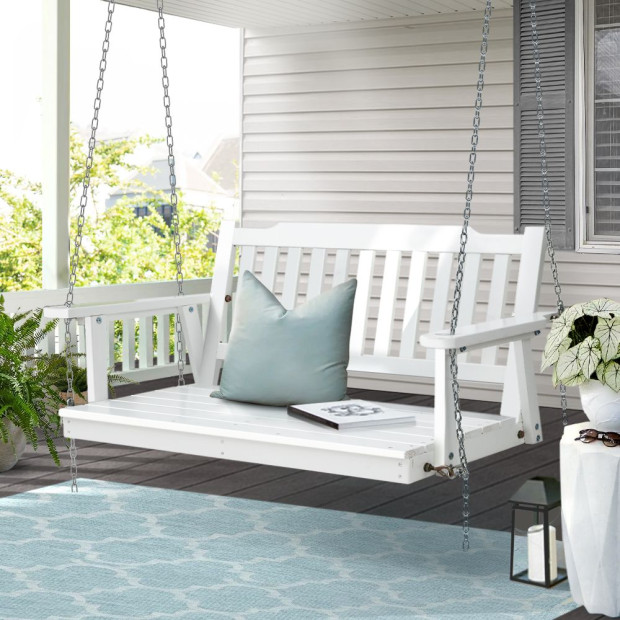 Porch Swing Chair Chain Garden Bench Outdoor Furniture Wooden White Image 8
