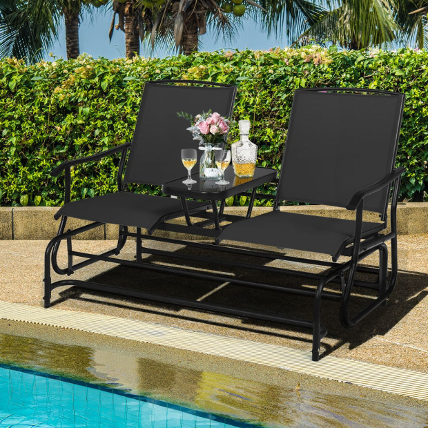2 Person Mesh Fabric Glider Chair With Center Table For Outdoor Black
