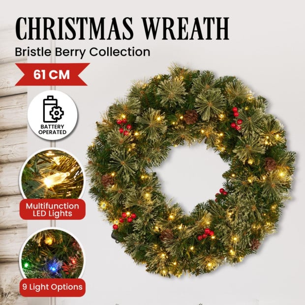 Bristle Berry Christmas Wreath 61cm with Multi Functions Lights