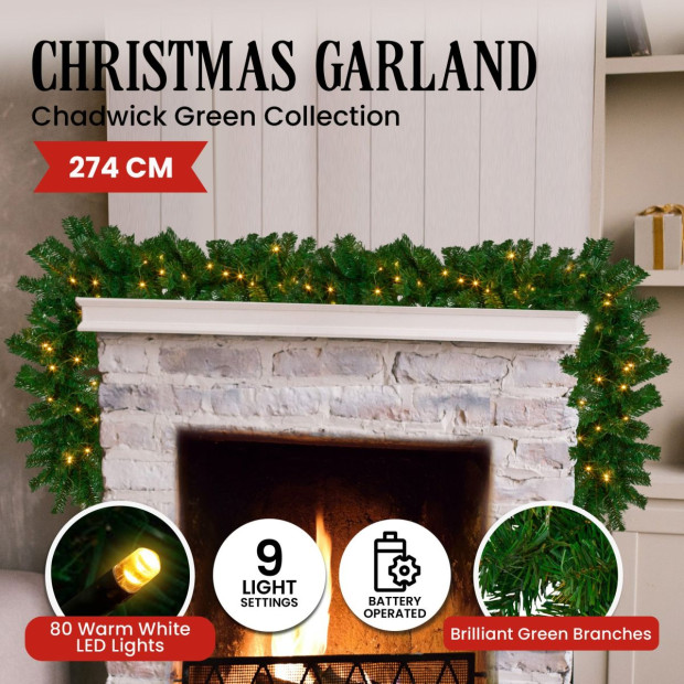 Chadwick Green Pre-Lit Christmas Garland - 274cm