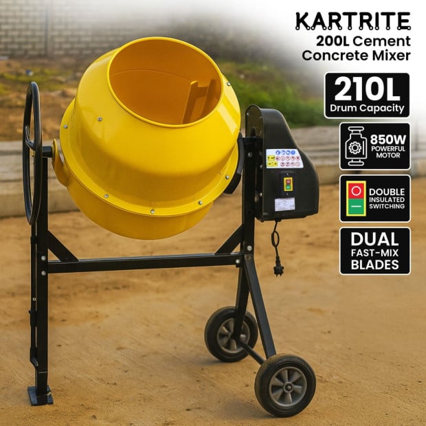 Kartrite Portable 200L Concrete Cement Mixer Sand Gravel Dual Mix Blades & Tipper Lock 850W Image 10