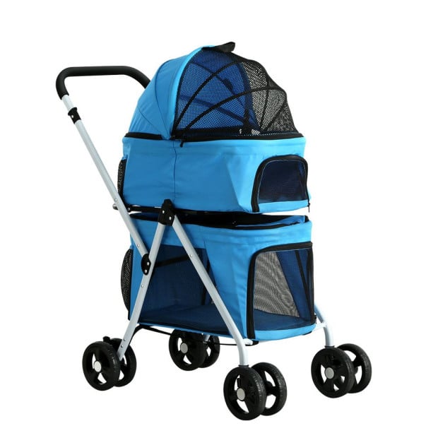 Pet Stroller Dog Pram Large Cat Carrier Travel Foldable Double Blue