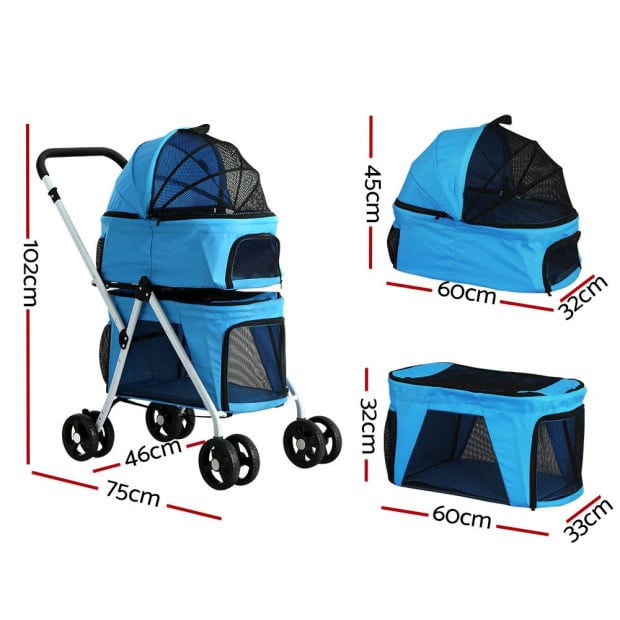 Pet Stroller Dog Pram Large Cat Carrier Travel Foldable Double Blue Image 2