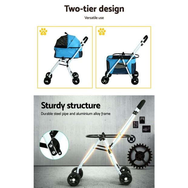 Pet Stroller Dog Pram Large Cat Carrier Travel Foldable Double Blue Image 5