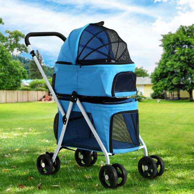 Pet Stroller Dog Pram Large Cat Carrier Travel Foldable Double Blue Image 8