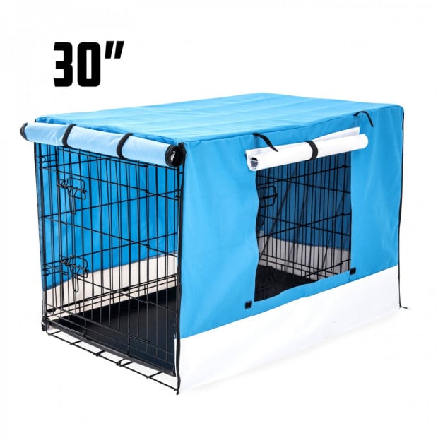 Foldable Metal Wire Dog Cage w/ Cover - BLUE 30