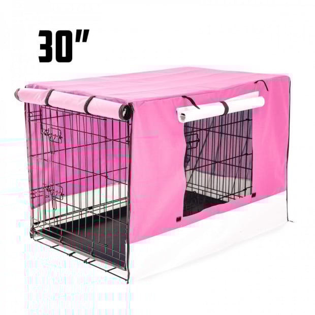 Foldable Metal Wire Dog Cage w/ Cover - PINK 30