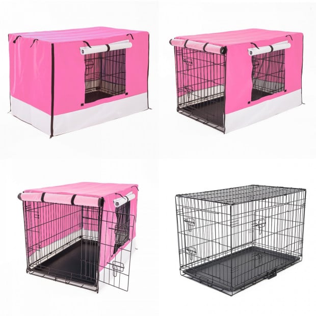 Foldable Metal Wire Dog Cage w/ Cover - PINK 30