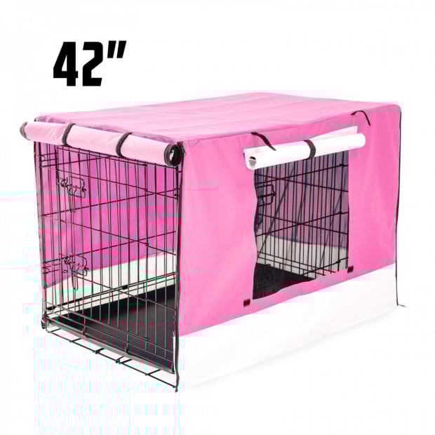 Foldable Metal Wire Dog Cage w/ Cover - PINK 42