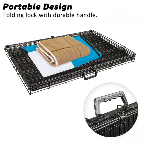 24in Foldable Wire Dog Cage with Tray + Cushion Mat + BLUE Cover Image 5