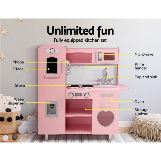 Kids Wooden Kitchen Pretend Play Sets Food Cooking Toys Children Pink Image 4